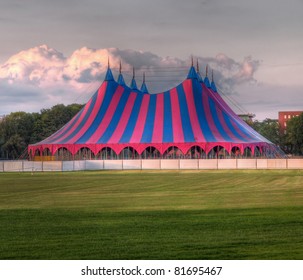 Big Top Circus Tent On A Field In A Park, Built Up For A Music Festival