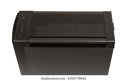 Big tower, PC case, chasis, photo of the top of the computer case, removable dust filter, connectors  USB 2.0, USB 3.2 Gen 1, USB-C, Headphones are in front panel. Photo isolated in white background. 