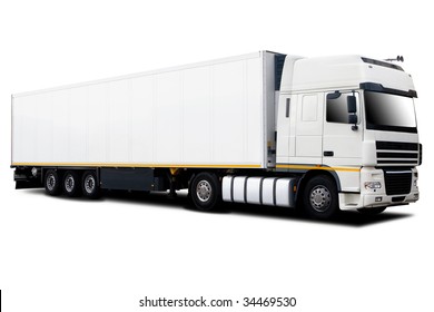 A Big Tractor Trailer Truck Isolated On White