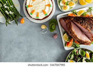 Big Traditional Easter Brunch With Ham, Quiche Lorraine And Carrot Cake And Copy Space For Text