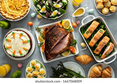 Big Traditional Easter Brunch With Ham, Quiche Lorraine And Carrot Cake