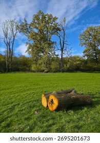 Big tree trunks cut for fire food production for eco friendly heating in winter lying on green meadow next to edge of forest with blue sky