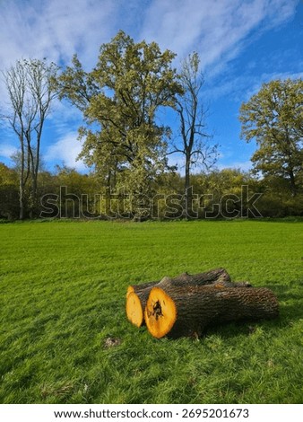 Big tree trunks cut for fire food production for eco friendly heating in winter lying on green meadow next to edge of forest with blue sky