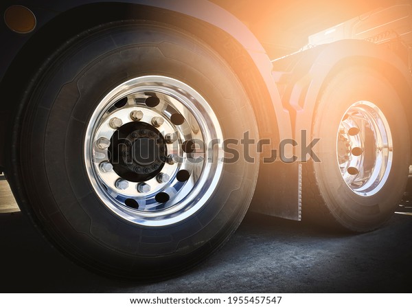 A Big Truck Wheels and Tires.\
Semi Truck Wheels. Industry Freight Truck\
transportation.	