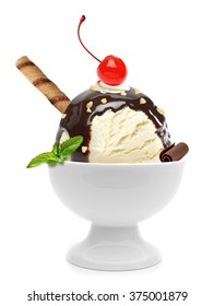 Big Vanilla Sundae Ice Cream With Wafer Stick And Maraschino Cherry In Porcelain Bowl Isolated On White Background