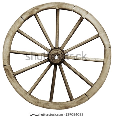 Big vintage rustic wooden wagon wheel isolated on white