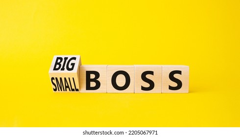 Big Vs Small Boss Symbol. Turned Wooden Cubes With Words Small Boss And Big Boss. Beautiful Yellow Background. Business Concept. Copy Space.