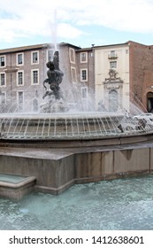 Big Water Fontain At Roundabout Square In Rome Italy