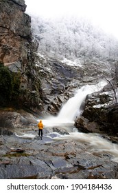 Big  Waterfall On Mountain Kukavica In Serbia, Man In Yellow Jacket On The Waterfall, Winter Waterfall 