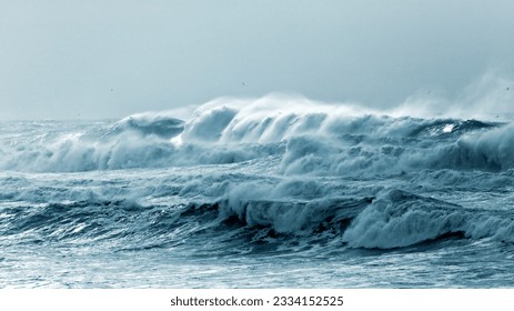 Big waves approaching the Portuguese coast in a stormy and misty day
