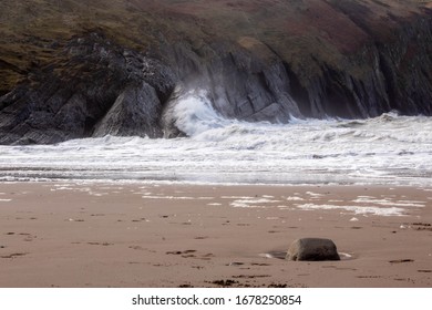 Big Waves Hitting Cliffs At Mwnt, Ceredigion