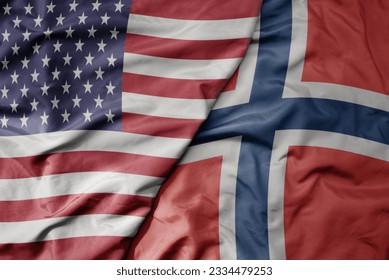 big waving colorful flag of united states of america and national flag of norway . macro