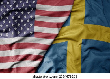 big waving colorful flag of united states of america and national flag of sweden . macro