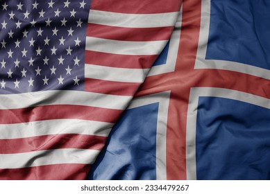 big waving colorful flag of united states of america and national flag of iceland . macro