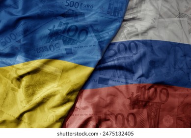 big waving realistic national colorful flag of russia and national flag of ukraine on a euro money banknotes background. finance concept. - Powered by Shutterstock