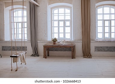 Big  White Hall With Windows Loft Interior