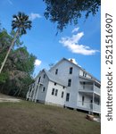 Big white old house in Florida surrounded by palm trees and swamp terrain