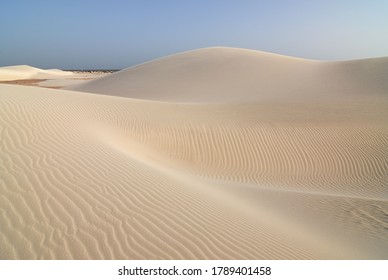 Big white sand dunes at Aomak beach at sunset, Socotra island, Yemen. The protected area of Aomak beach, Gulf of Aden, Arabian Sea, center of unique biodiversity
