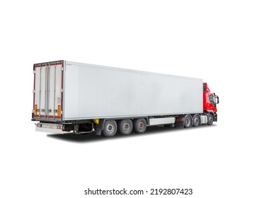 Big White Semi Trailer Truck With Red Cab Isolated