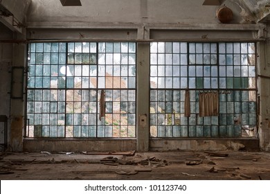 big windows in the workshop hall factory