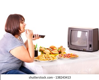 Big Woman Eating Fast Food And Watching TV. Isolated.