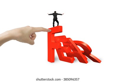 Big Woman Hand Stopping Domino Of Red Fear Word Falling, With Another Small Man Balancing On It, Isolated On White.