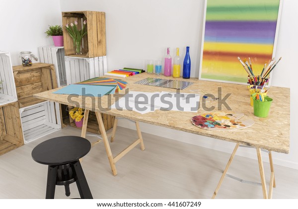 Big Wooden Table Middle White Room Stock Photo Edit Now 441607249