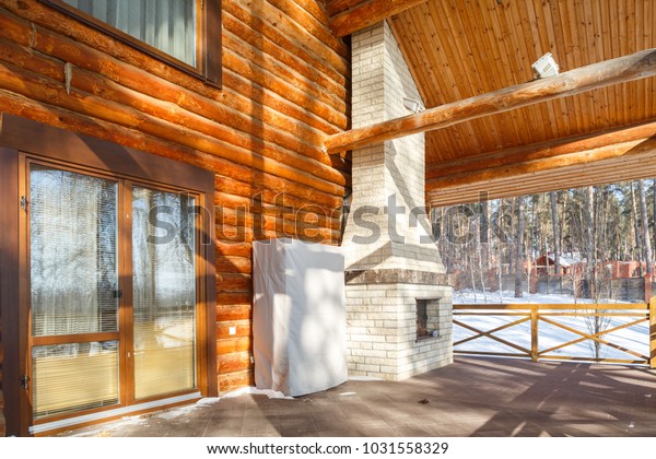 Big Wooden Terrace Stone Bricks Fireplace Stock Photo Edit Now