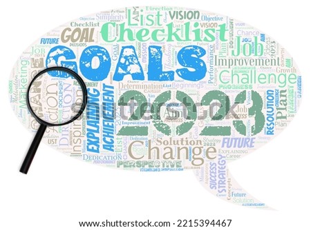 Big word cloud in the shape of speech bubble with magnifying glass with words goals 2023. Identifying something you want to accomplish. Expectations