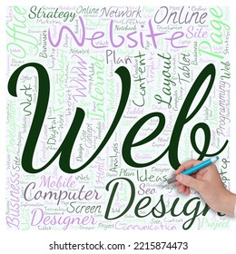 Big word cloud in the shape of square with hand and pen with word WEB. A system of Internet servers that support specially formatted documents