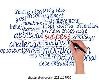 Big Word Cloud With Success Word With Hand And Pen. Accomplishment Aim Purpose Good Or Bad Outcome Of Undertaking