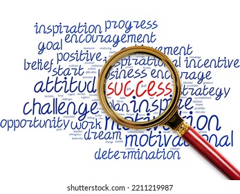 Big Word Cloud With Success Word With Magnifying Glass. Accomplishment Aim Purpose Good Or Bad Outcome Of Undertaking