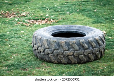 Big Worn Out Tire On The Grass. Big Truck Tire. Old Used Tractor Tires On The Green Meadow.