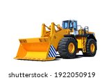Big yellow front-end loader or all-wheel bulldozer isolated on white background. Heavy equipment machine and manufacturing equipment for open-pit mining
