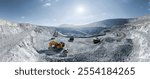 Big yellow mining truck for coal working in quarry. Panoramic of open pit mine industry, aerial view.