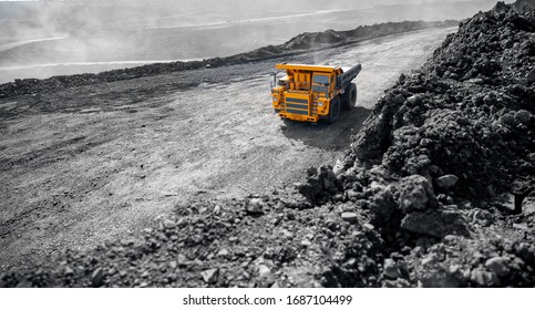 Big Yellow Mining Truck For Coal Move. Open Pit Mine Industry.