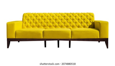 Big Yellow Sofa With Black Wooden Legs Isolated On White. Yellow Couch Isolated