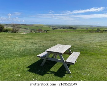 Bigbury, South Devon, England, N. A Frame Picnic Wooden Table In English Open Countryside In Summer.