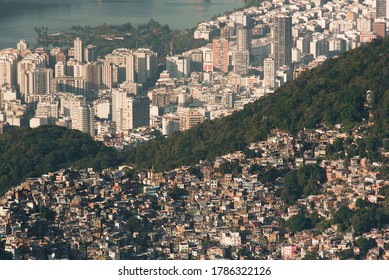 Biggest Brazilian Favela Rocinha on the Hill and Leblon Neighborhood Behind, Contrast Between Rich and Poor, in Rio de Janeiro, Brazil