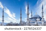 The biggest mosque in Istanbul Turkiye of Sultan Ahmed Ottoman Empire, Blue Mosque Sultanahmet Camii Sultan Ahmed Mosque in old city, Bosporus and Asian side skyline, Istanbul, Turkey