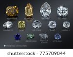 The biggest and most famous diamonds in the world - Cullinan,  Coh-I-Noor, Hope, Dresden Green, Regent, Wittelsbach, Briolette, Tiffany etc. 3D rendering illustration to scale on black background