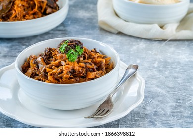 Bigos - traditional Polish dish of chopped meat stewed with sauerkraut and shredded fresh cabbage