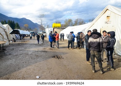 Bihac, Bosnia And Herzegovina 27 Oct 2019: Group Of Migrants In Refugee Camp Vucjak. Refugees Living In Terrible Condition On Balkan Route. 