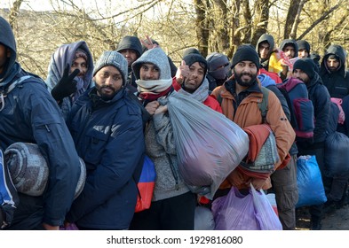 Bihac, Bosnia And Herzegovina, 28 Dec 2020: A Group Of Migrants On Their Way To EU. Camp Lipa, BiH. Balkan Route.