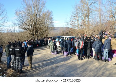 Bihac, Bosnia And Herzegovina, December 2020: A Group Of Migrants On Their Way To EU. Camp Lipa, BiH. Balkan Route.