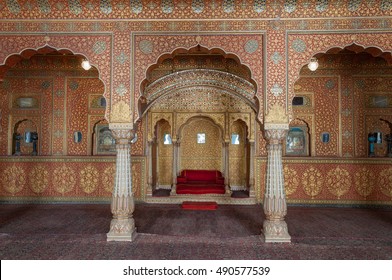 BIKANER, INDIA - MARCH 26, 2012: Resting room of Maharaja inside Junagarh Fort. Anup Mahal, Junagarh Fort, Bikaner, Rajasthan, India