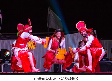 Bikaner, Rajasthan/India - Jan 2019 : Artists of Punjabi dance group performing famous Bhangra dance performance at Bikaner Camel Festival
