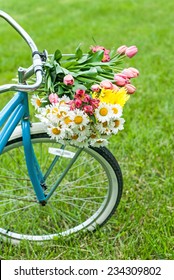 Bike basket of flowers in spring with room for copy space.