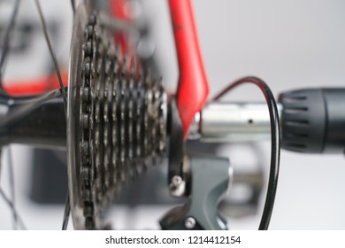 Bike Cassette With Chain And Gear Shift Mechanism Running On Cycling Trainer