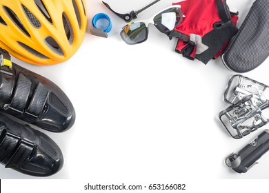 Bike and cycling sport accessories, border and frame, copy space, white background
